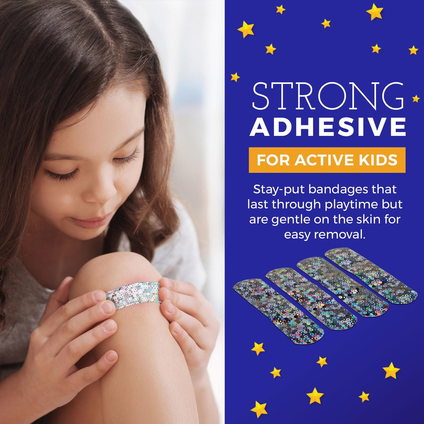 Glitter Bandages for Kids -(200 Count Box) Adhesive Bandage Strips w/Colorful Glitter Design & Latex-Free Individually Wrapped Strips for First Aid, Wound Care, Minor Cuts