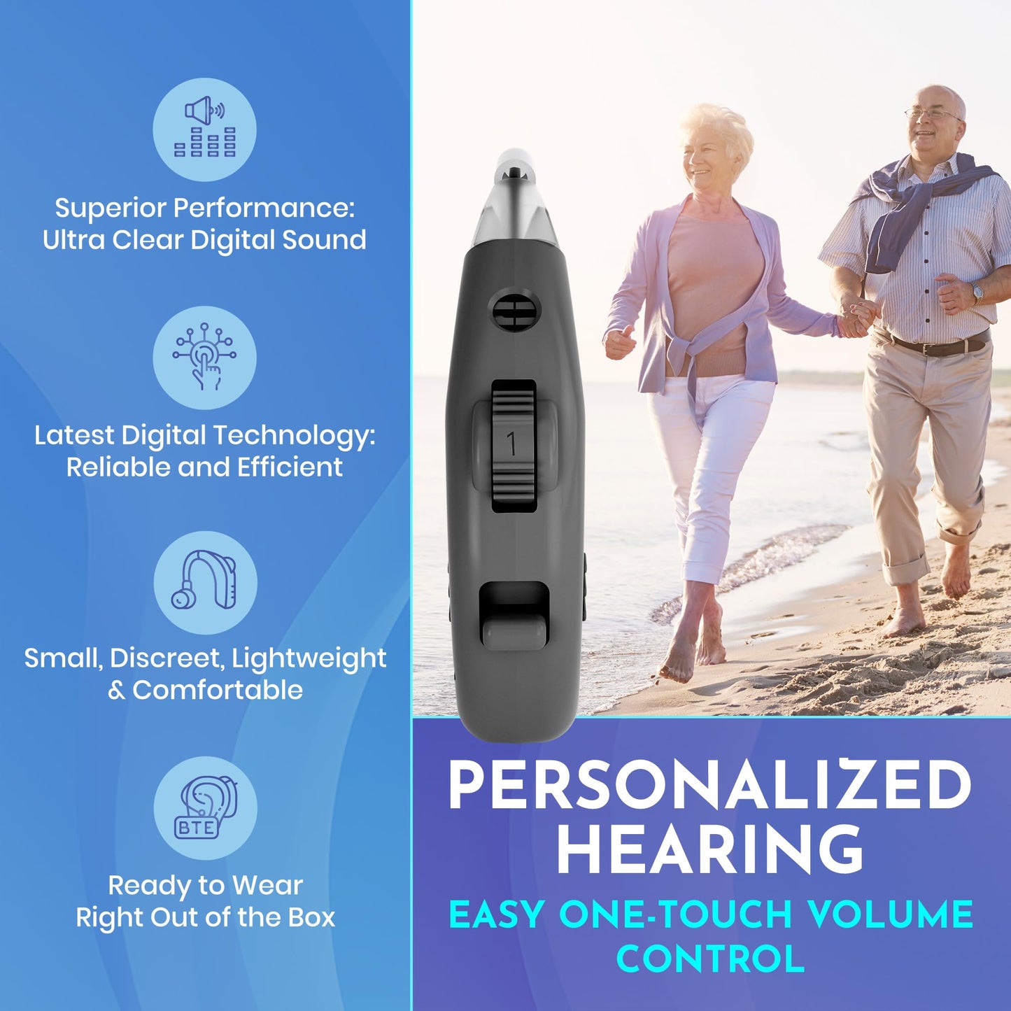 Digital Hearing Amplifiers - Rechargeable Premium BTE Personal Sound Amplifier Pair with USB Dock, Behind the Ear Hearing Enhancement Devices with Long Lasting Battery Life, Black