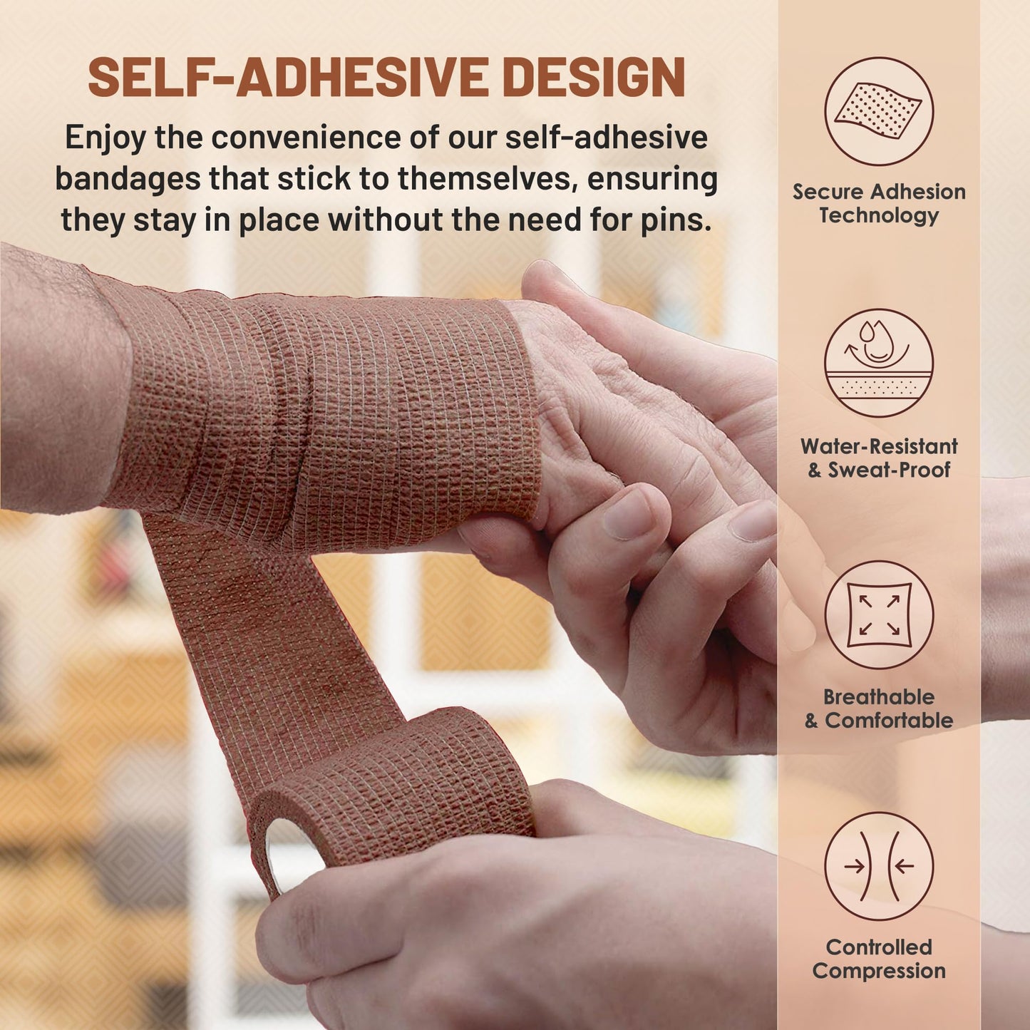 6 Pack, Self Adherent Cohesive Tape - 2" x 5 Yards, (Medium Tan Shade) Self Adhesive Bandage Rolls & Sports Athletic Wrap for Ankle, Wrist, Knee Sprains and Swelling