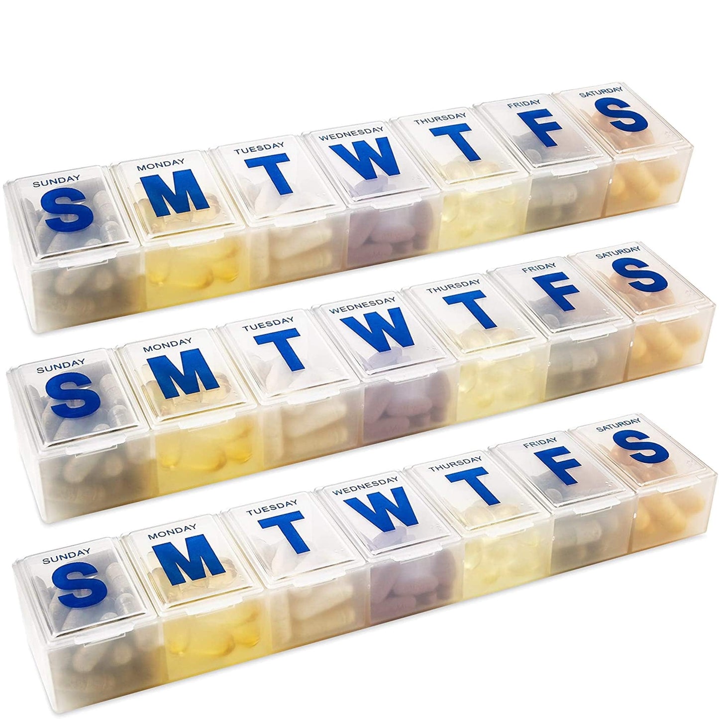 Weekly Pill Organizer - 7-Day Pill Planner Extra Large Pill Planner and Daily Pill Organizer and Medicine Reminder, Monday to Sunday Compartments - BPA Free - Travel Pill Box Case (Pack of 3)