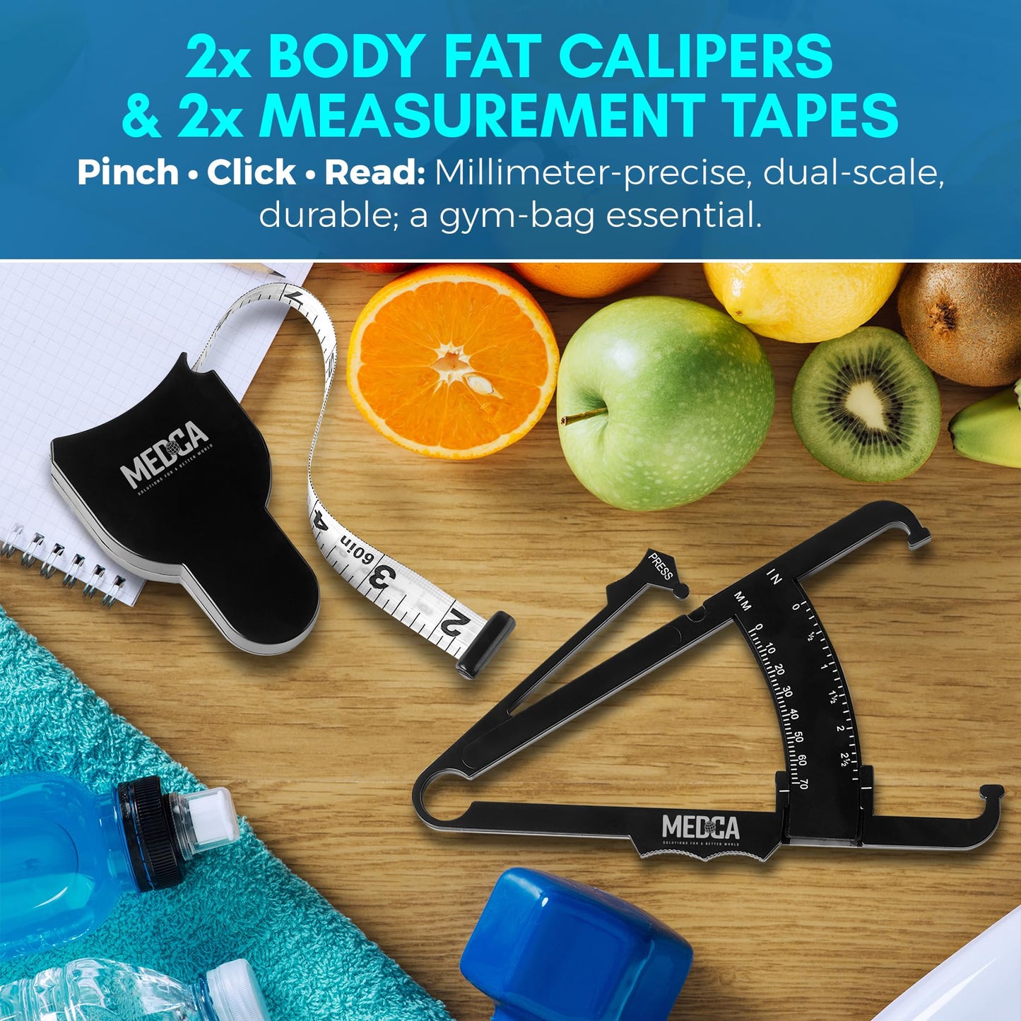 Body Tape Measure and Skinfold Caliper for Body Set - (Pack of 4) - Skin Fold Body Fat Analyzer and BMI Measurement Tool by MEDca