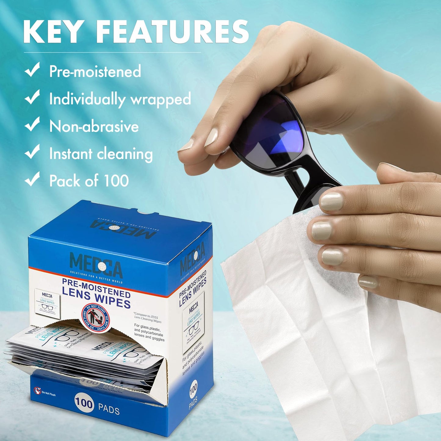 Premoistened Lens and Glass Cleaning Wipes - Portable Travel Cleaner for Glasses, Camera, Cell Phone, Smartphone, and Tablet - Disposable, Quick Drying, Streak Free - Individually Wrapped, Pack of 10