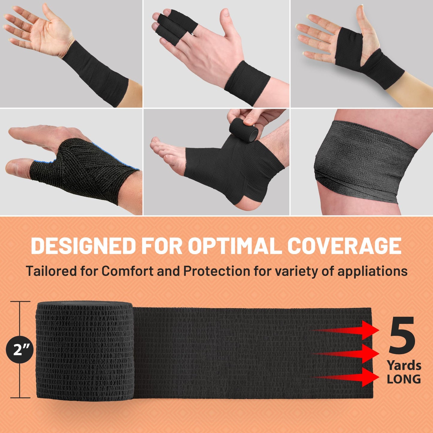 Self-Adherent Cohesive Bandage - Black Medical Wrap - 6 Rolls 2" Wide x 5 Yards Sports Tape for Medical Use, Sports, First Aid and Helps Protect Skin