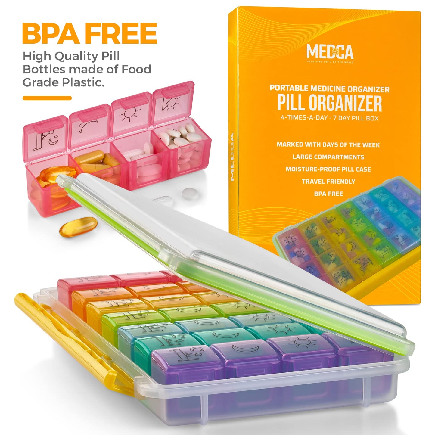 Weekly Pill Organizer - Portable 4 Times-A-Day - Water Moisture-Proof AM/PM Pill Case, Colorful 7 Day Medicine Holder Pill Box with Labels for Prescriptions, Medications, Vitamins, and Supplements