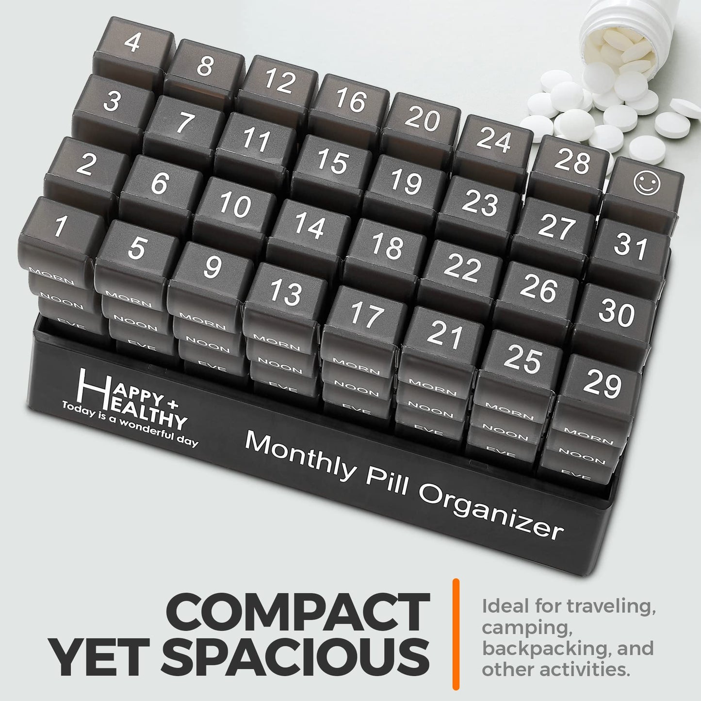 Month Pill Box Organizer - 4 Times-a-Day Morning-Noon-Evening-Night - Large 32 Daily Pill Cases with Compartments for Vitamins, Supplements, Medication -Travel Monthly Pill Organizer, Black