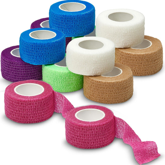 Self Adherent Cohesive Wrap Bandages - (Pack of 12 Rolls) 1 Inch X 5 Yards with Strong Elastic and Colorful First Aid Tape for Sprain Swelling and Soreness on Wrist and Ankle (Rainbow Color)