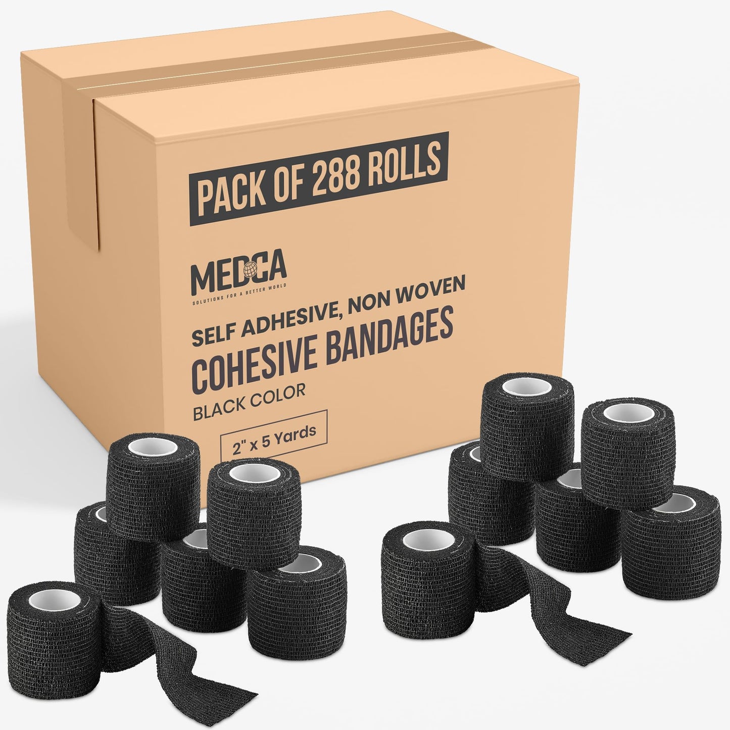 Self-Adherent Cohesive Bandage - Black Medical Wrap - (288 Rolls Bulk) - 2" Wide x 5 Yards Sports Tape for Medical Use, Sports, First Aid and Helps Protect Skin