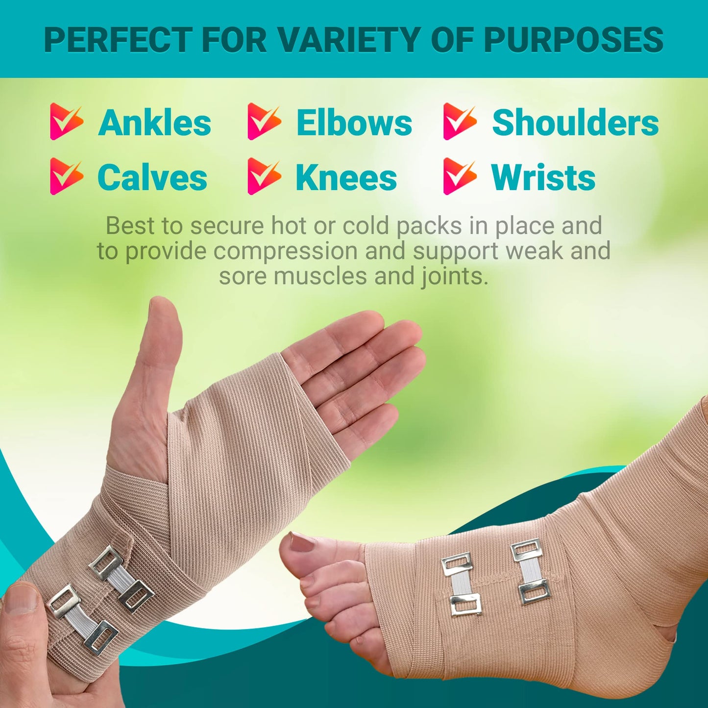 MEDca Elastic Compression Bandage Wrap - First Aid Bandages Roll Measures 2", 3", 4", 6" x 5 Ft with 4 Extra Hooks | Athletic Sports Stretch Wraps for Ankle, Wrist, Arm & Leg Sprains (Pack of 4)