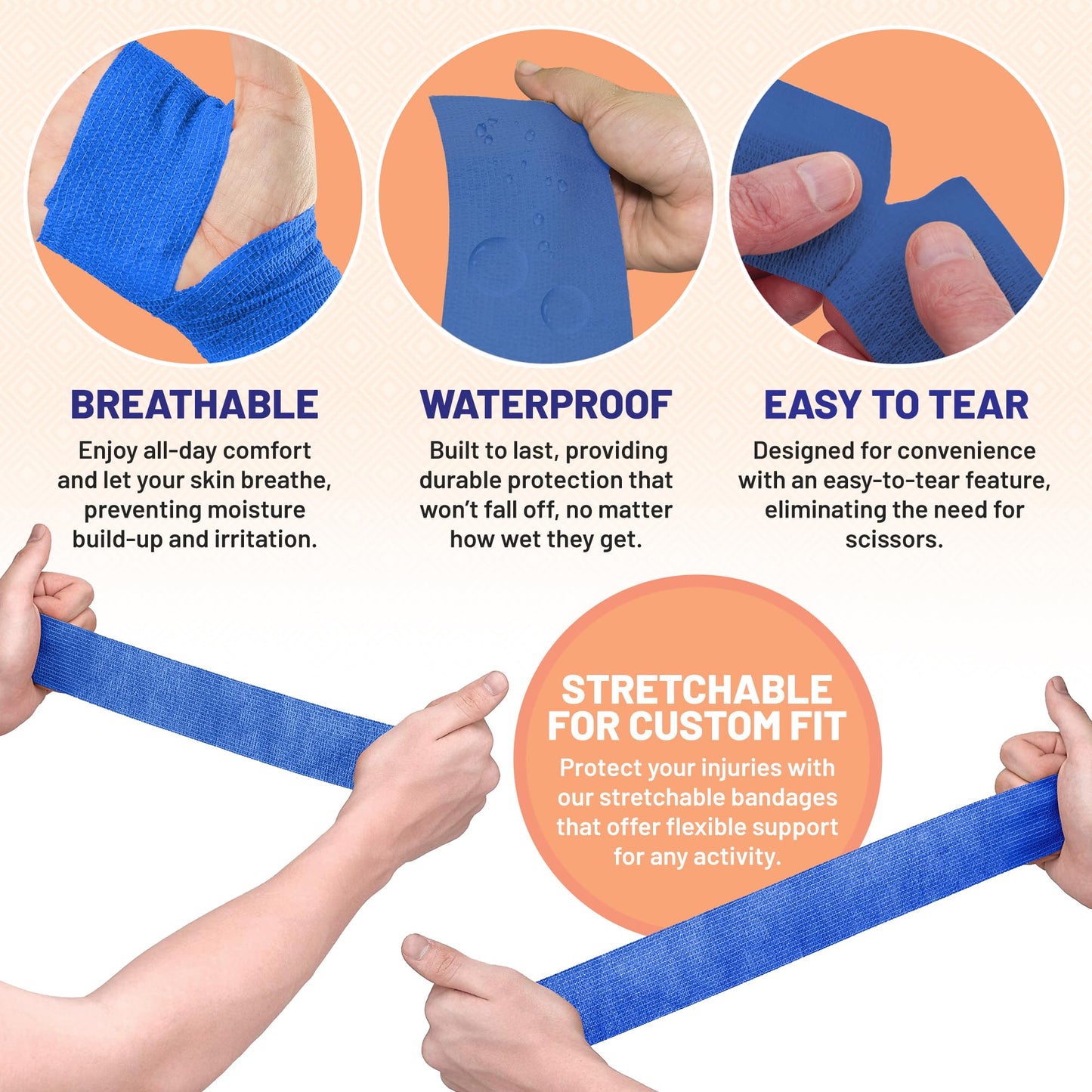 6 Pack, Self Adherent Cohesive Tape - 2” x 5 Yards, Self Adhesive Bandage Rolls & Sports Athletic Wrap for Ankle, Wrist, Knee Sprains and Swelling, Vet Wraps in Blue Color