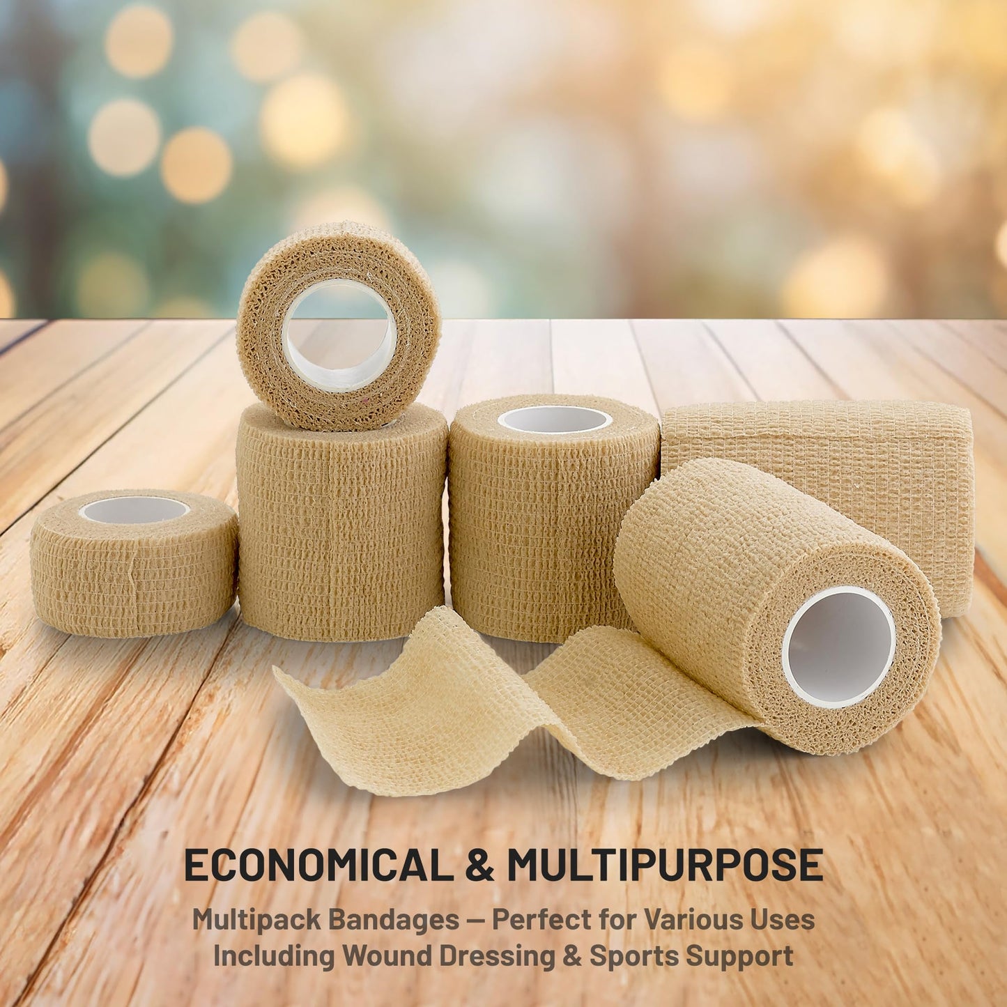 6 Pack, Self Adherent Cohesive Tape - 1” 2" 3" x 5 Yards Combo Pack, (Light Tan Shade) Self Adhesive Bandage Rolls & Sports Athletic Wrap for Ankle, Wrist, Sprains