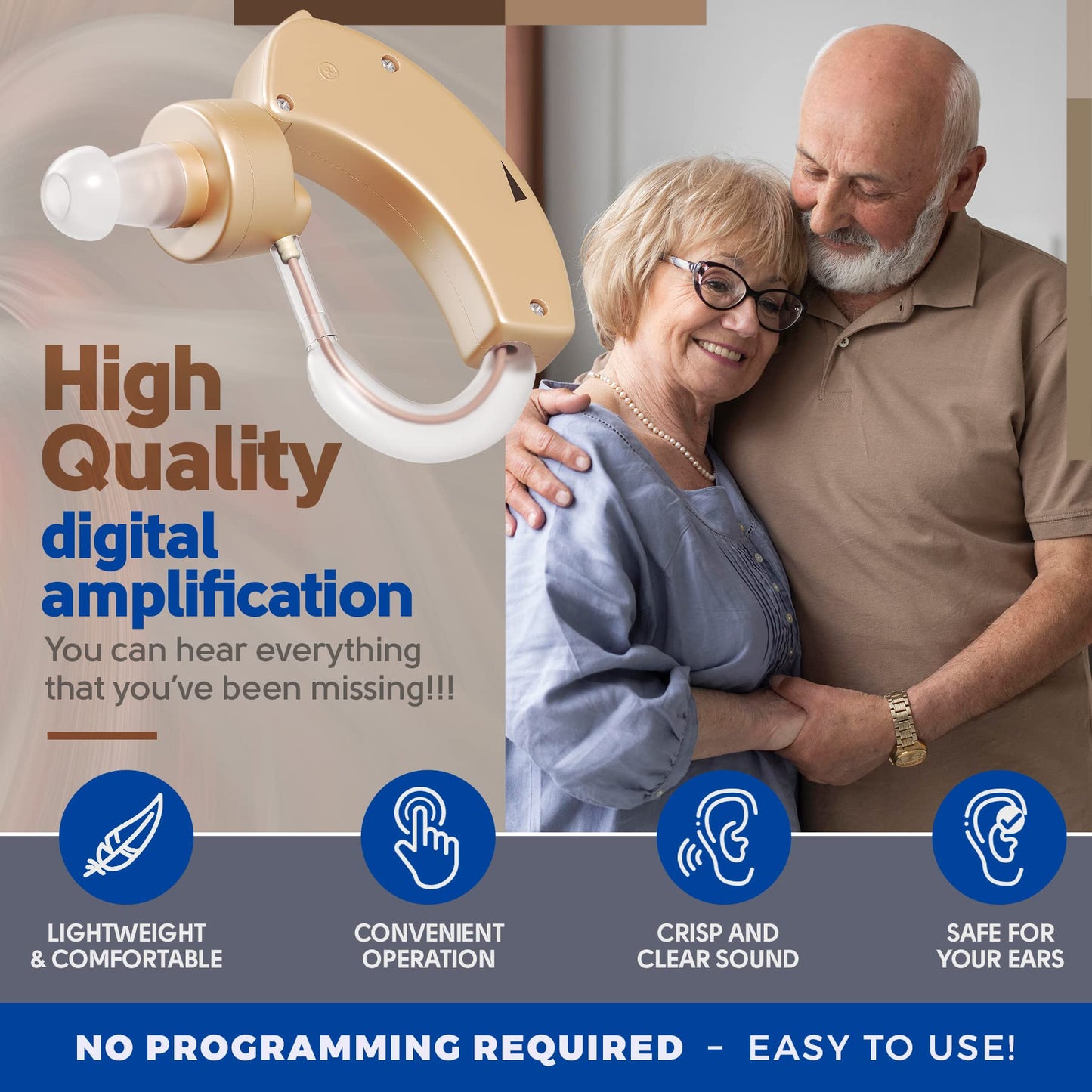 MEDca Hearing Amplifiers 2 Pack - Digital BTE Personal Sound Amplifier w/ Noise Reduction & Volume Control, LR44 Battery Powered, 6 Ear Domes, Left/Right Use, Small & Discreet