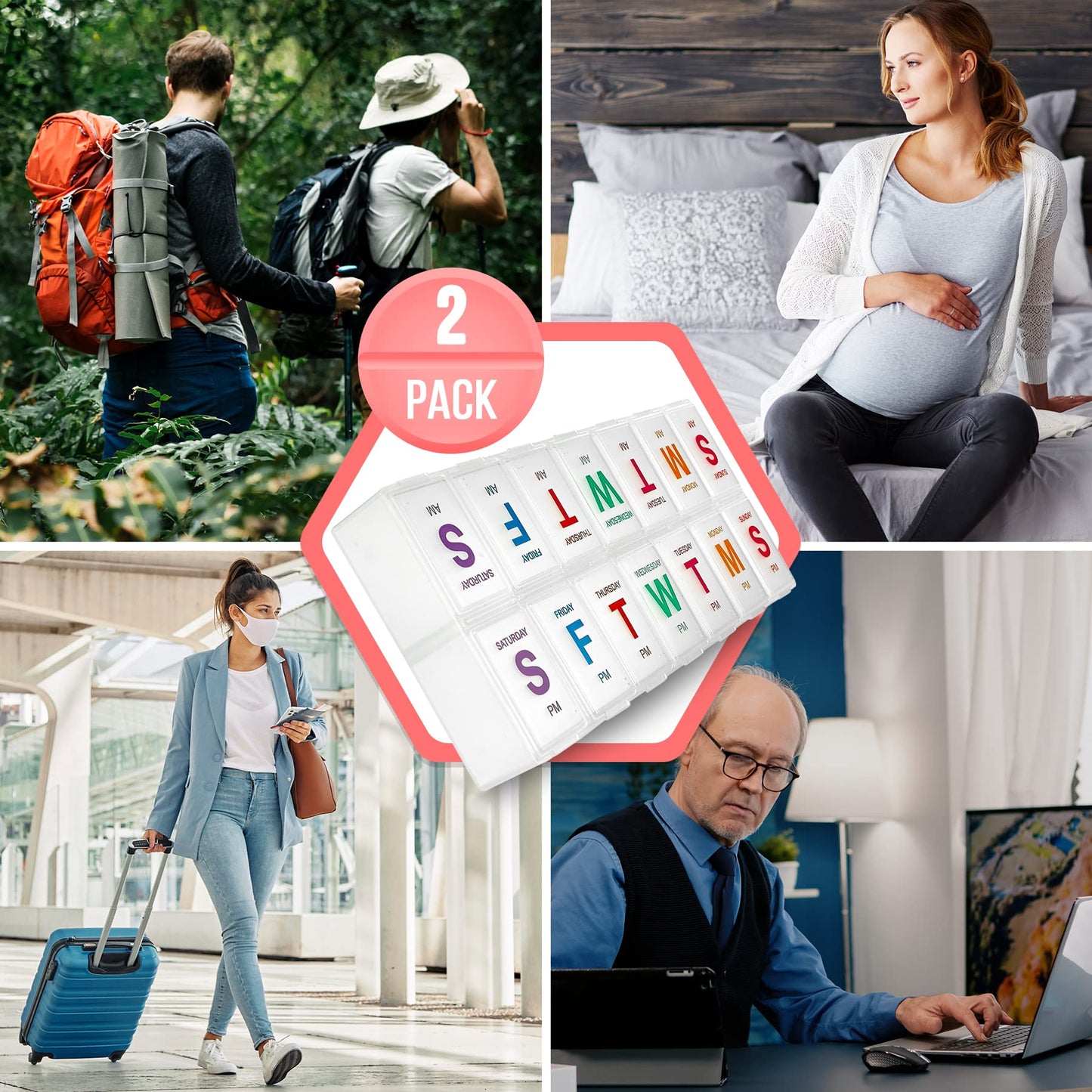 Large Weekly Pill Organizer - (2 Pack) AM PM Pill Box - XL 7 Day Pill Organizer 2 Times A Day and Daily Pill Organizer Case for Medication, Pills, Supplements with Braille, Bright, Easy to Read