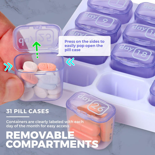 Monthly Pill Organizer - 31 Day Pill Organizer with Large Removable Medication Pods, Portable Pill Case Box and Holder for Daily Medicine and Vitamins for Travel, Purple