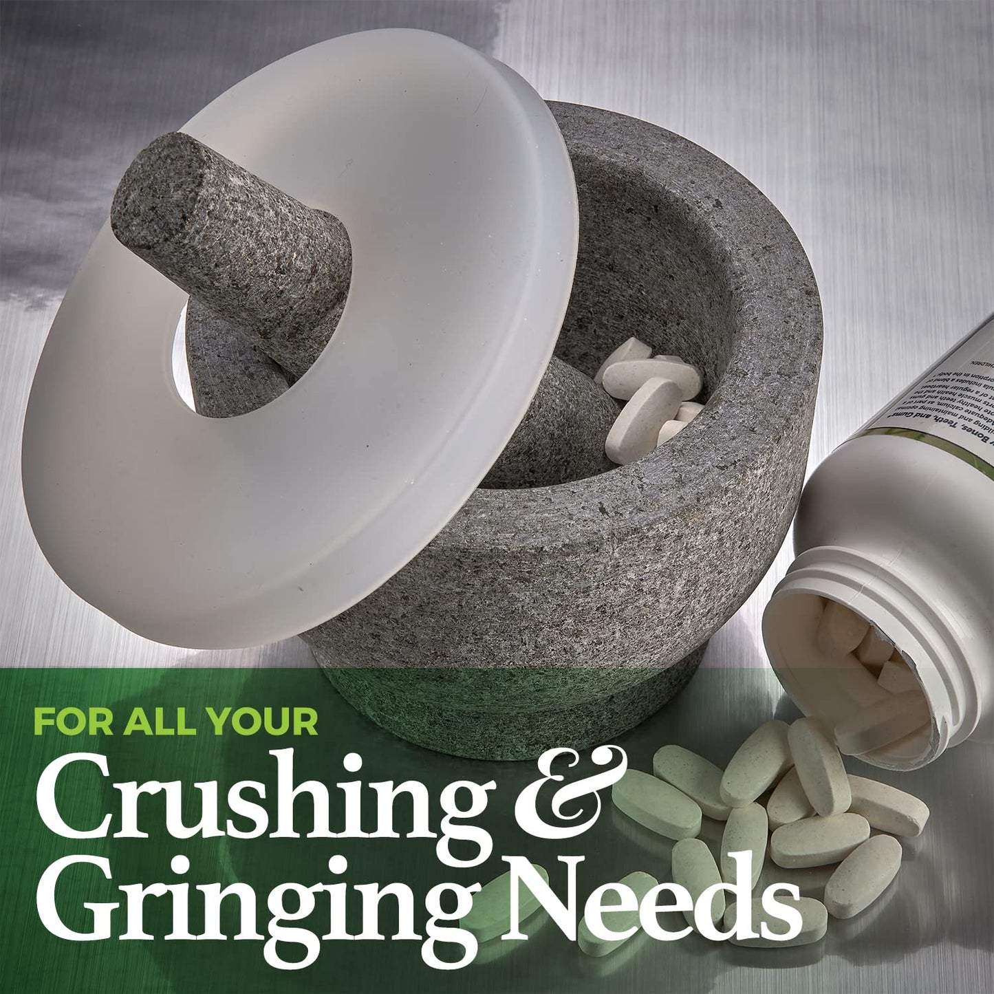 Granite Pill Crusher Set - Easy Grip Non-Slip Stone Muddler & Deep Bowl with Silicone Lid - Mortar and Pestle Grinder for Pills, Tablets, Vitamins and More