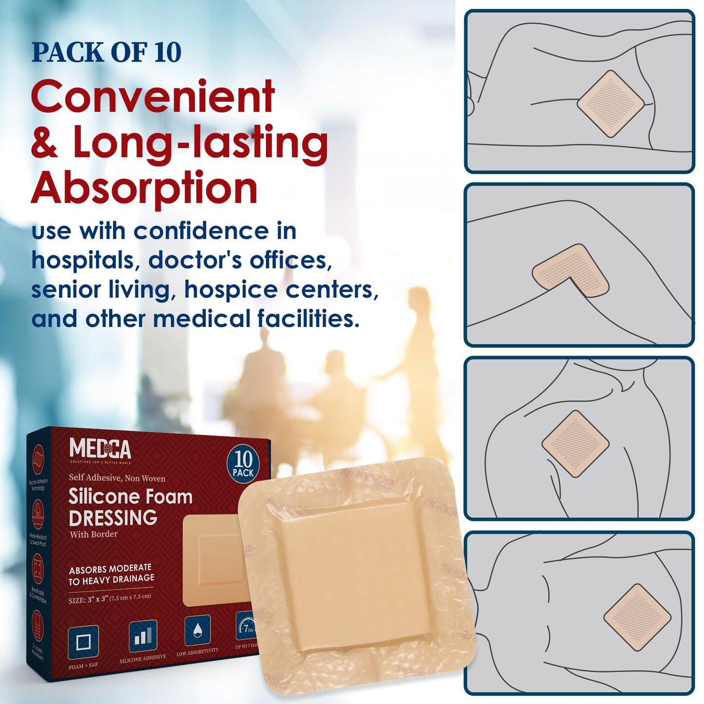 MEDca Silicone Foam Dressing w/ Adhesive Border 3"x3" (Pack of 10) Waterproof Silicone Bandages for Wounds, Highly-Absorbent Wound Dressing Bandage Care for Bed Sore Bandages, Pressure Sores, Ulcers