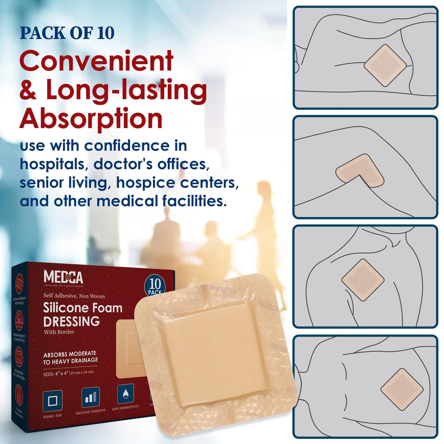MEDca Silicone Foam Dressing w/ Adhesive Border 4"x4" (Pack of 10) Waterproof Silicone Bandages for Wounds, Highly-Absorbent Wound Dressing Bandage Care for Bed Sore Bandages, Pressure Sores, Ulcers