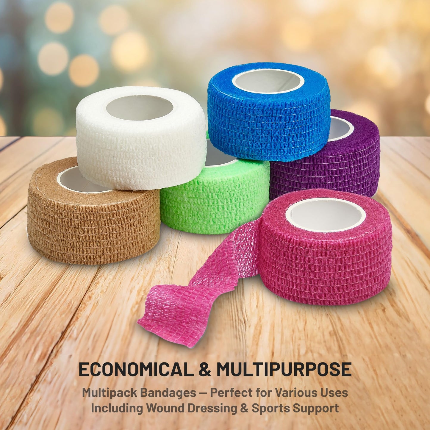 Self Adherent Cohesive Wrap Bandages - (Pack of 6 Rolls) 1 Inch X 5 Yards with Strong Elastic and Colorful First Aid Tape for Sprain Swelling and Soreness on Wrist and Ankle (Rainbow Color)