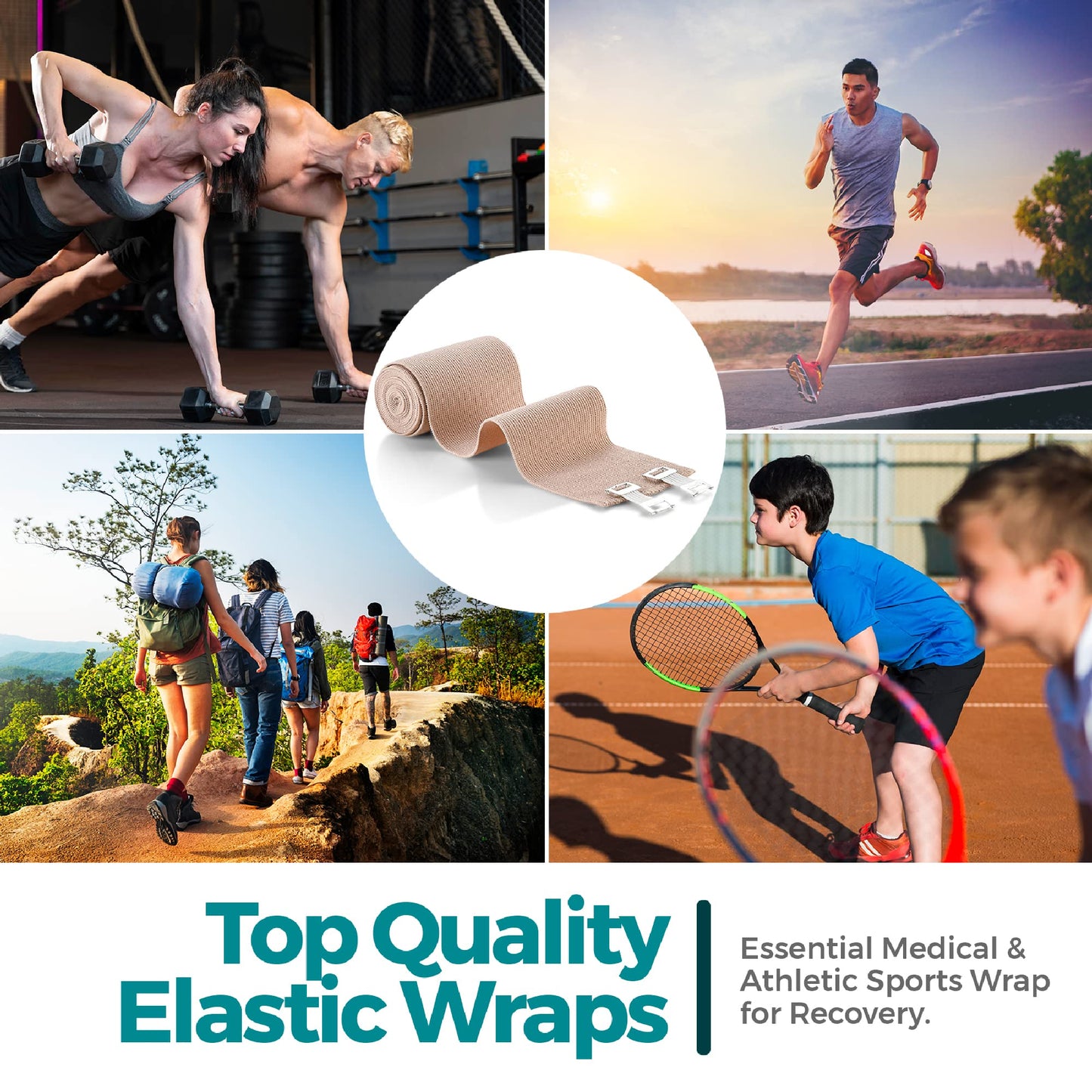 MEDca Elastic Compression Bandage Wrap - First Aid Bandages Roll Measures 2", 3", 4", 6" x 5 Ft with 4 Extra Hooks | Athletic Sports Stretch Wraps for Ankle, Wrist, Arm & Leg Sprains (Pack of 4)