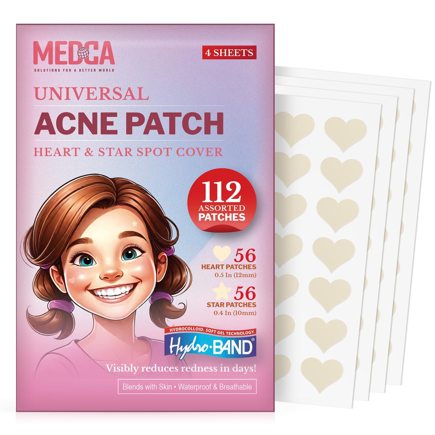 Acne Patches for Face - Hydrocolloid Bandages (112 Count) Pimple Patches for Face in Hearts & Stars, Acne Spot Treatment Care for Face & Skin Spot Patch Conceals Zits, Acne and Blackheads