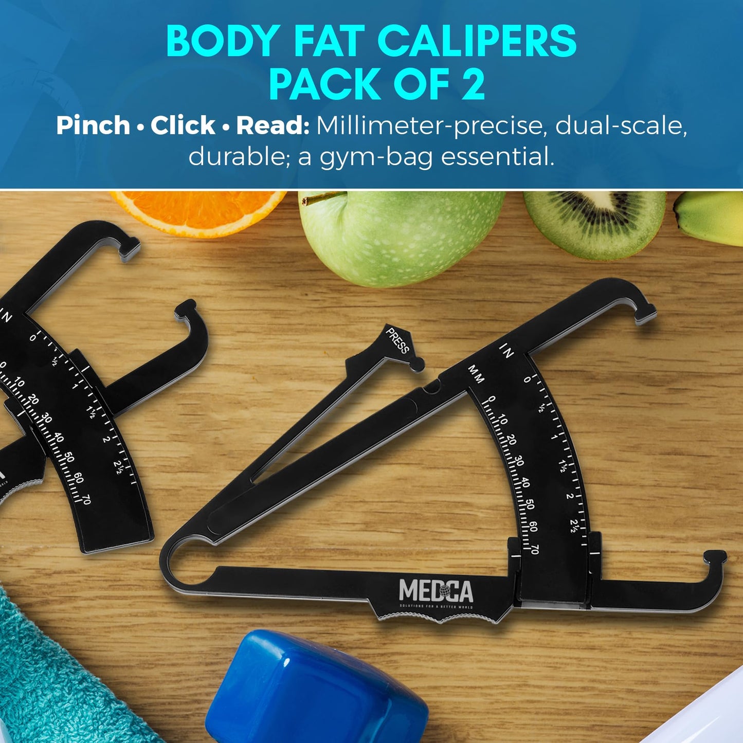 Skinfold Body Fat Caliper - Skin Fold Body Fat Analyzer and Handheld BMI Measurement Tool Skinfold Caliper Device Measures Body Fat for Men and Women by MEDca - (Pack of 2, Black)