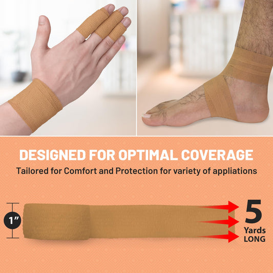 MEDca Self Adherent Cohesive Wrap Bandages 1 Inch X 5 Yards 24 Count with Strong Elastic First Aid Tape for Sprain Swelling and Soreness on Wrist and Ankle (Skin Color)