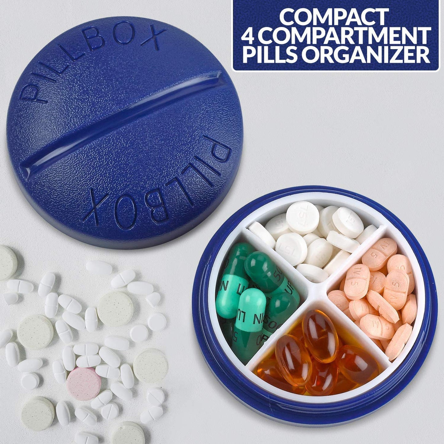 Pill Box Round for Travel - Mini Compact Portable 4 Compartment Pills Case Organizer, Vitamin and Medication Dispenser Holder for Up To 4 Times A Day, BPA Free Pill Reminder by MEDca