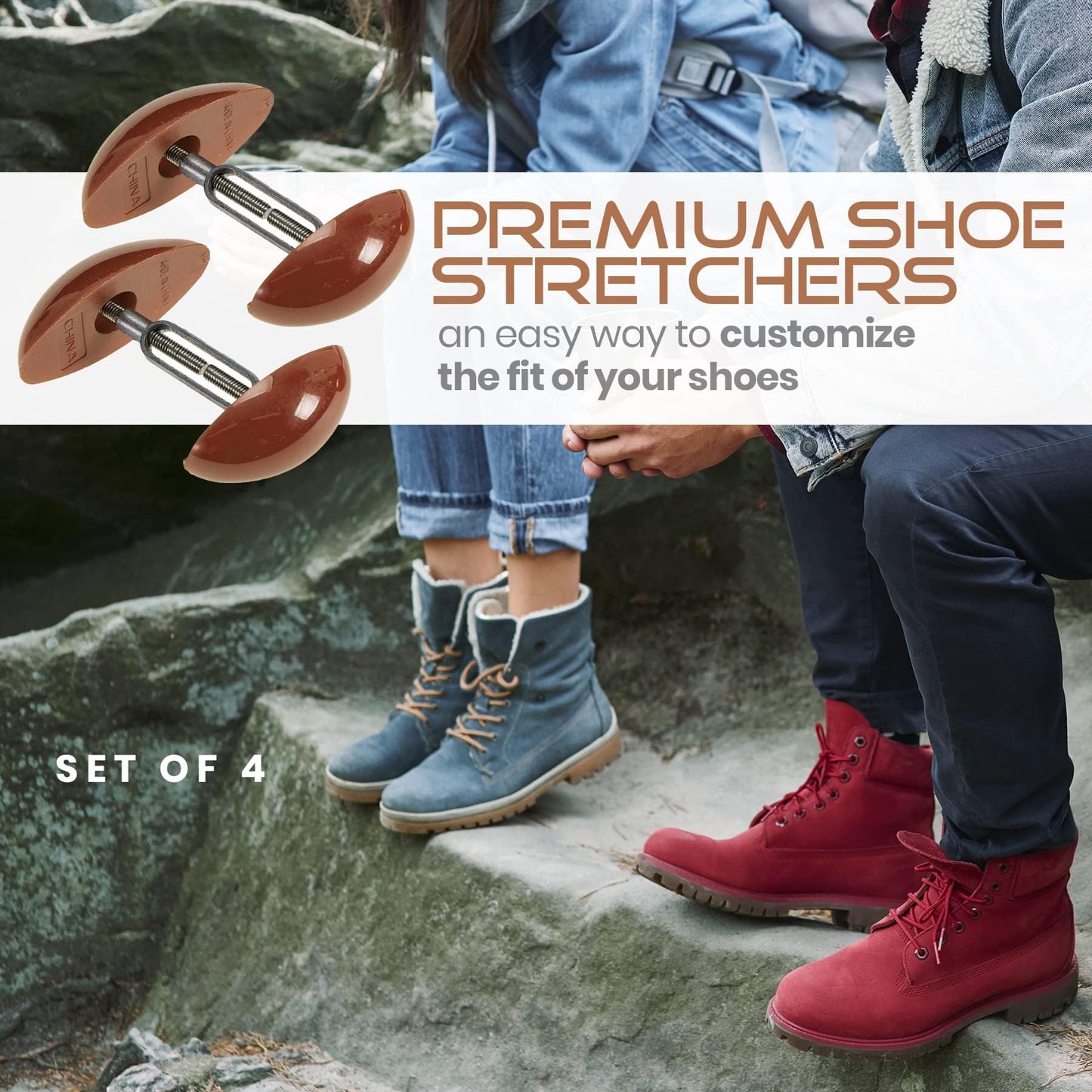 Shoe Stretcher Total of 4 Stretchers, Shape Extenders and Width Extender for Men's & Women's Shoes or Boots, 2 Pairs, Brown