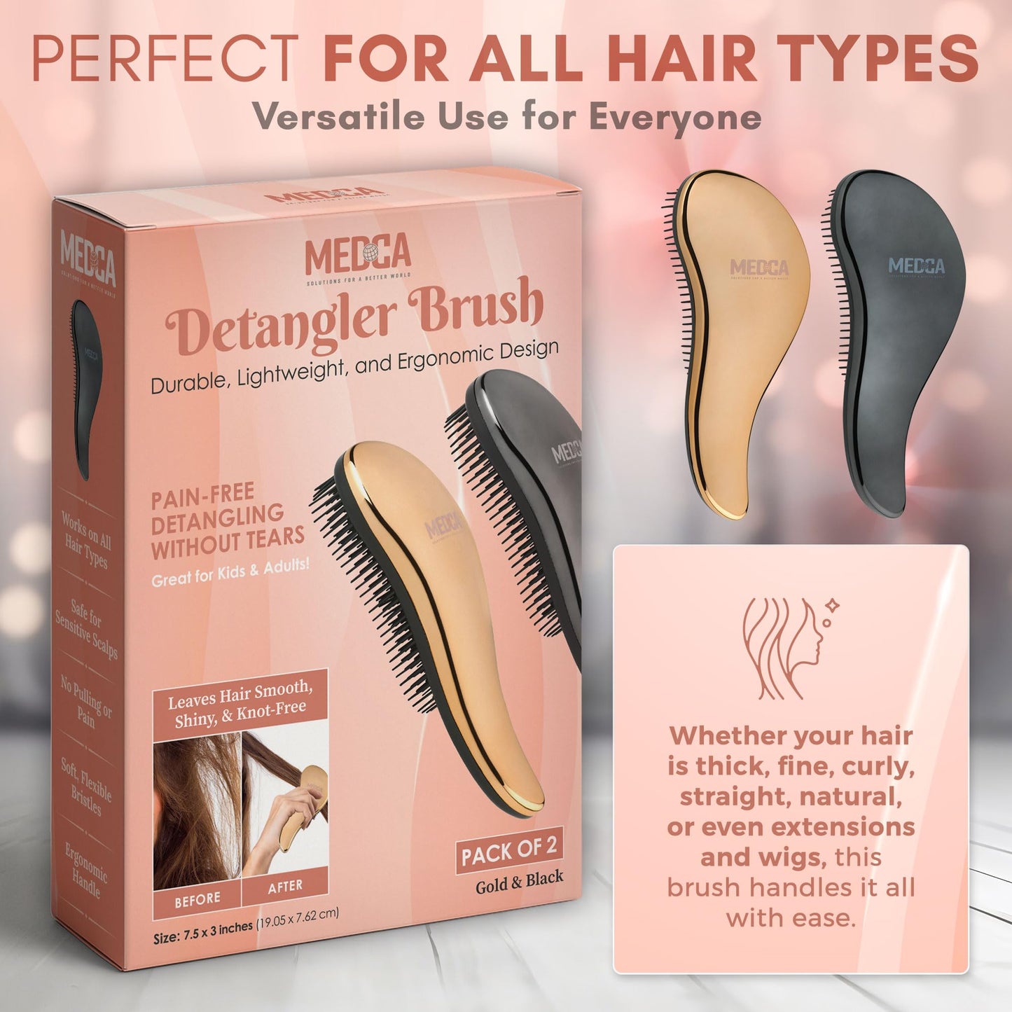 Detangling Brushes - Detangler Brush Set - Pain-Free Hair Brush Straightener that Removes Tangles and Knots Straightening Hair Shiny and Smooth (Rose Gold and Black)