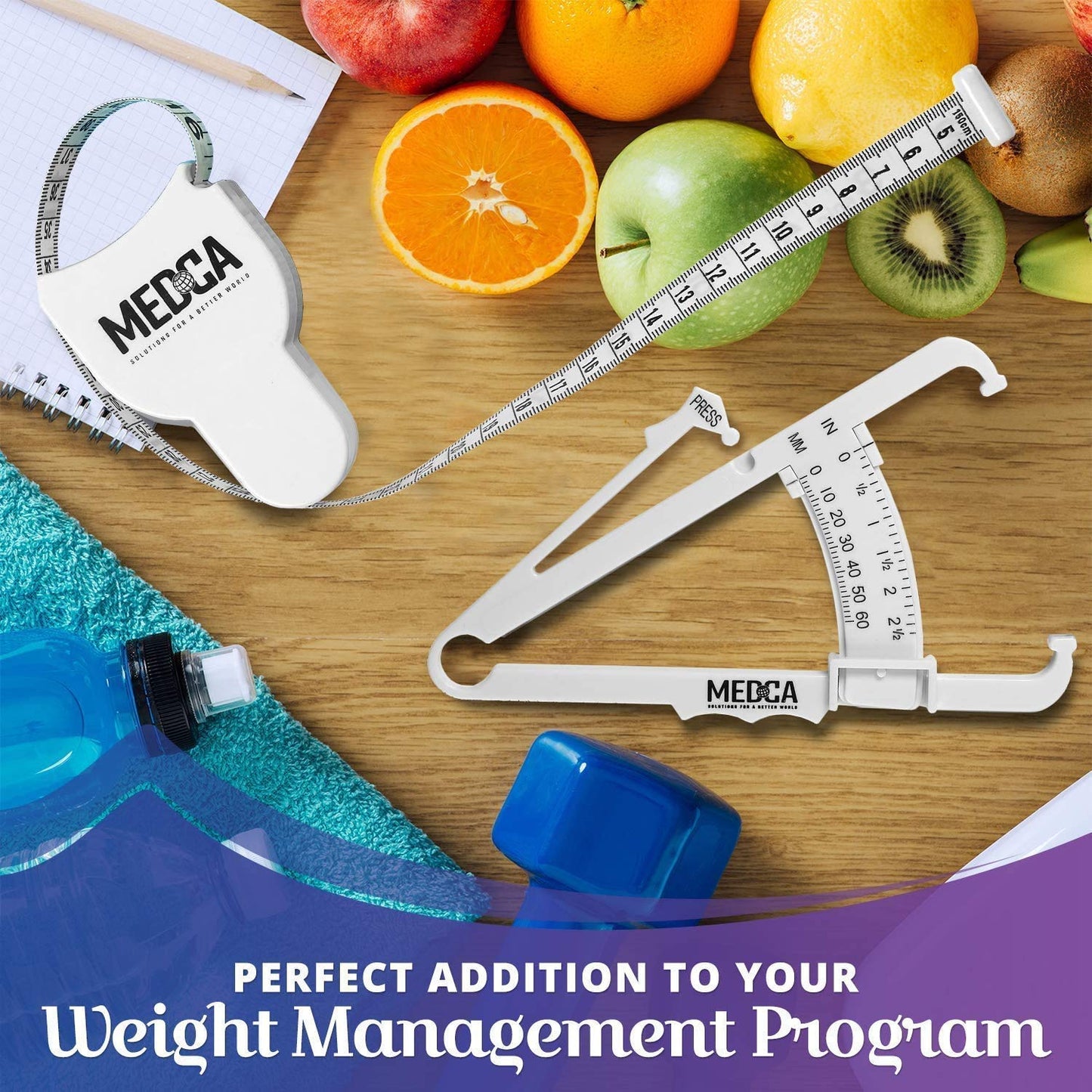 Body Tape Measure and Skinfold Caliper Body Fat Monitor Set - (Pack of 2) - Double Sided Body Tape Measures (150 cm /60 inches) - Skin Fold Body Fat Analyzer and BMI Measurement Tool, White by MEDca