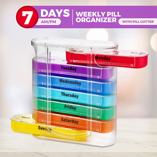Weekly Pill Organizer with Pill Cutter - V-Grip Pill Splitter Stackable Pill Medicine, Vitamin Organizer with 4 Times-a-Day Daily Compartments, Pill Reminder with Stackable AM/PM Boxes