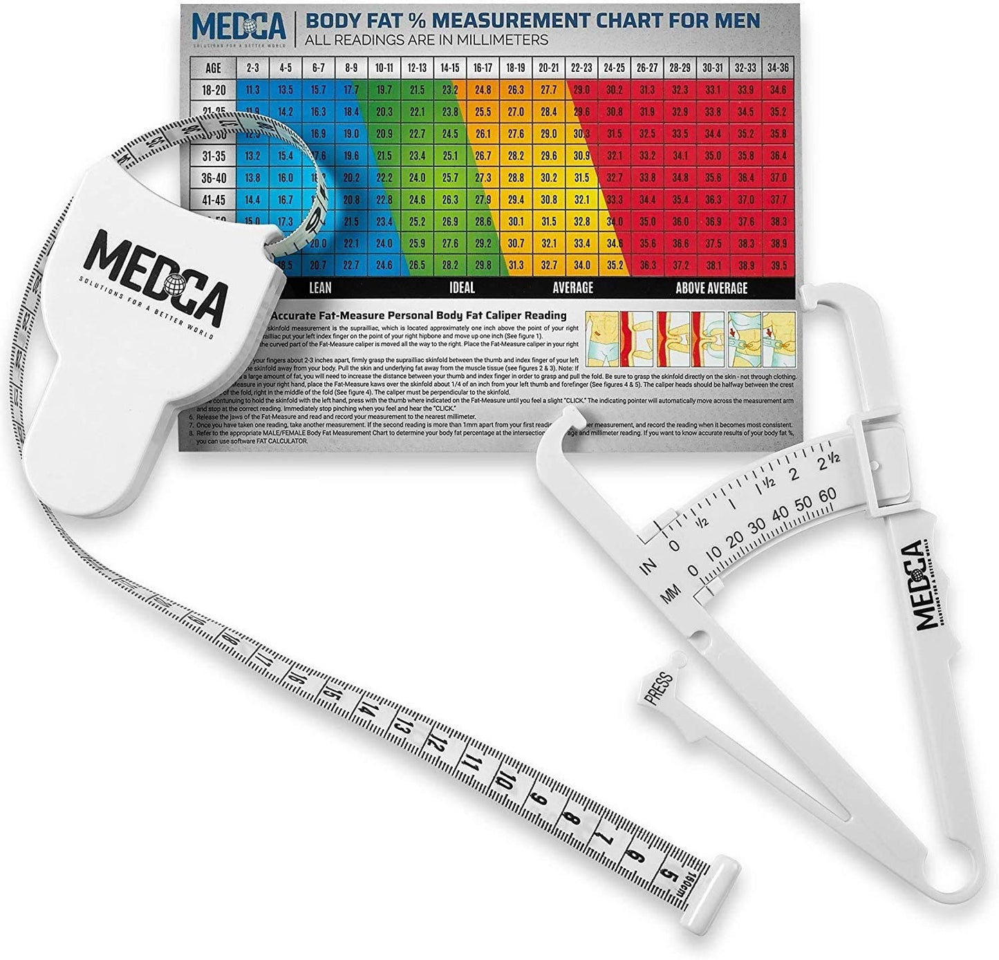 Body Tape Measure and Skinfold Caliper Body Fat Monitor Set - (Pack of 2) - Double Sided Body Tape Measures (150 cm /60 inches) - Skin Fold Body Fat Analyzer and BMI Measurement Tool, White by MEDca