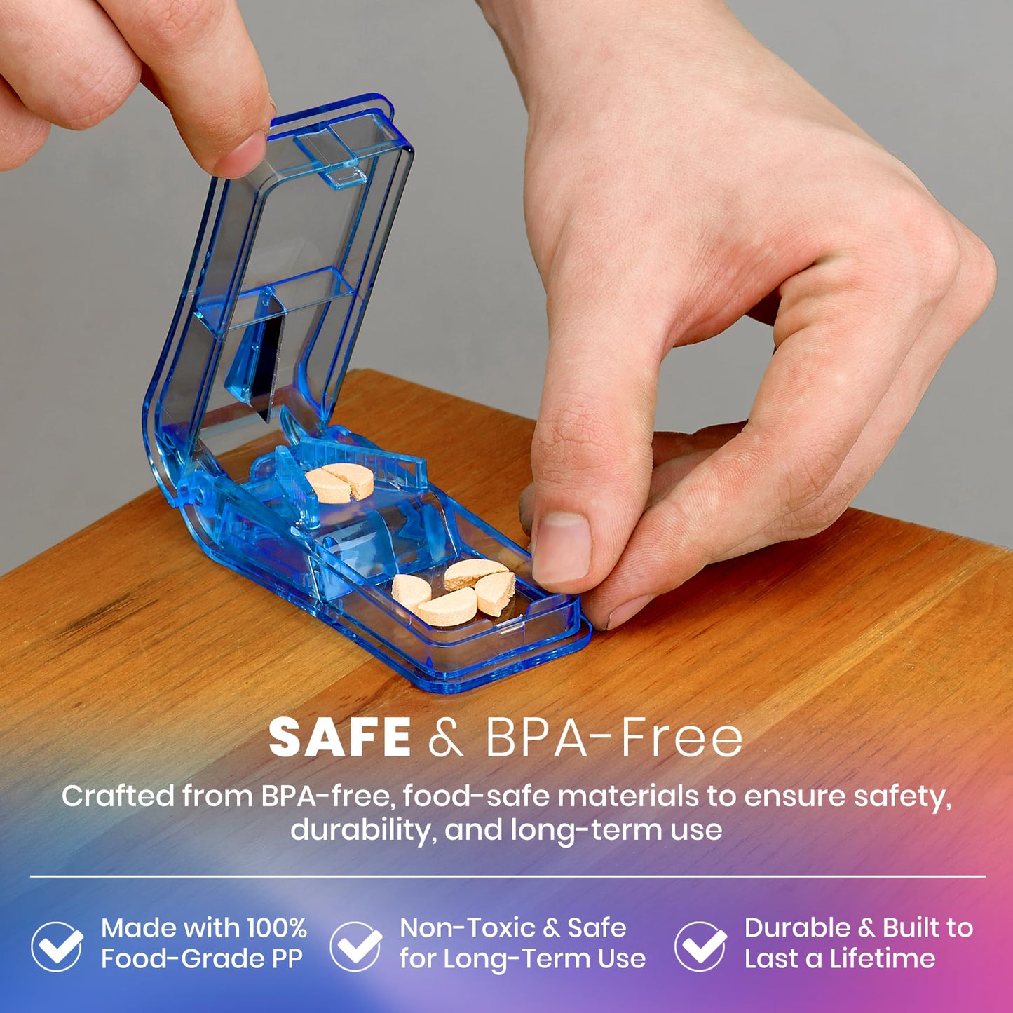 Pill Cutter - V- Grip Pill Crusher and Cutter for Vitamins, Big & Small Pills, and Medication - Transparent Pill Splitter with Pill Holder Case to Split