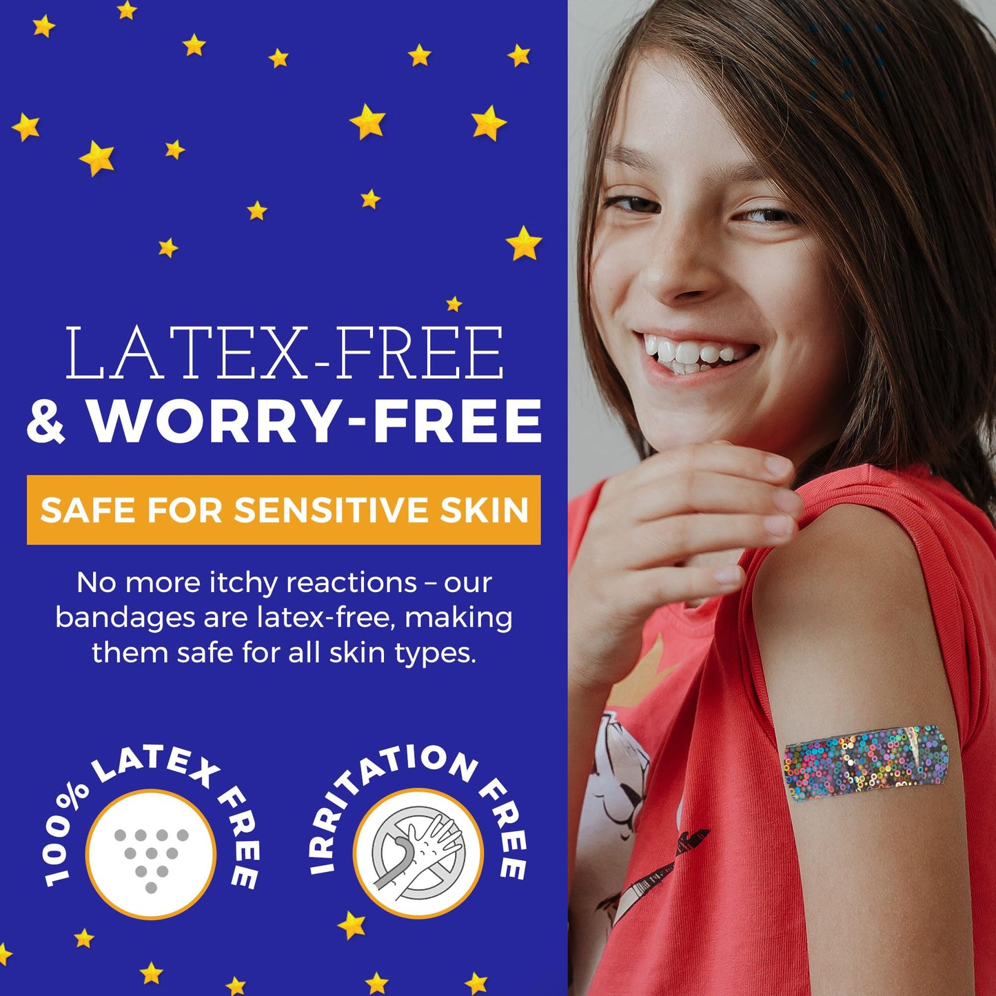 Glitter Bandages for Kids -(200 Count Box) Adhesive Bandage Strips w/Colorful Glitter Design & Latex-Free Individually Wrapped Strips for First Aid, Wound Care, Minor Cuts