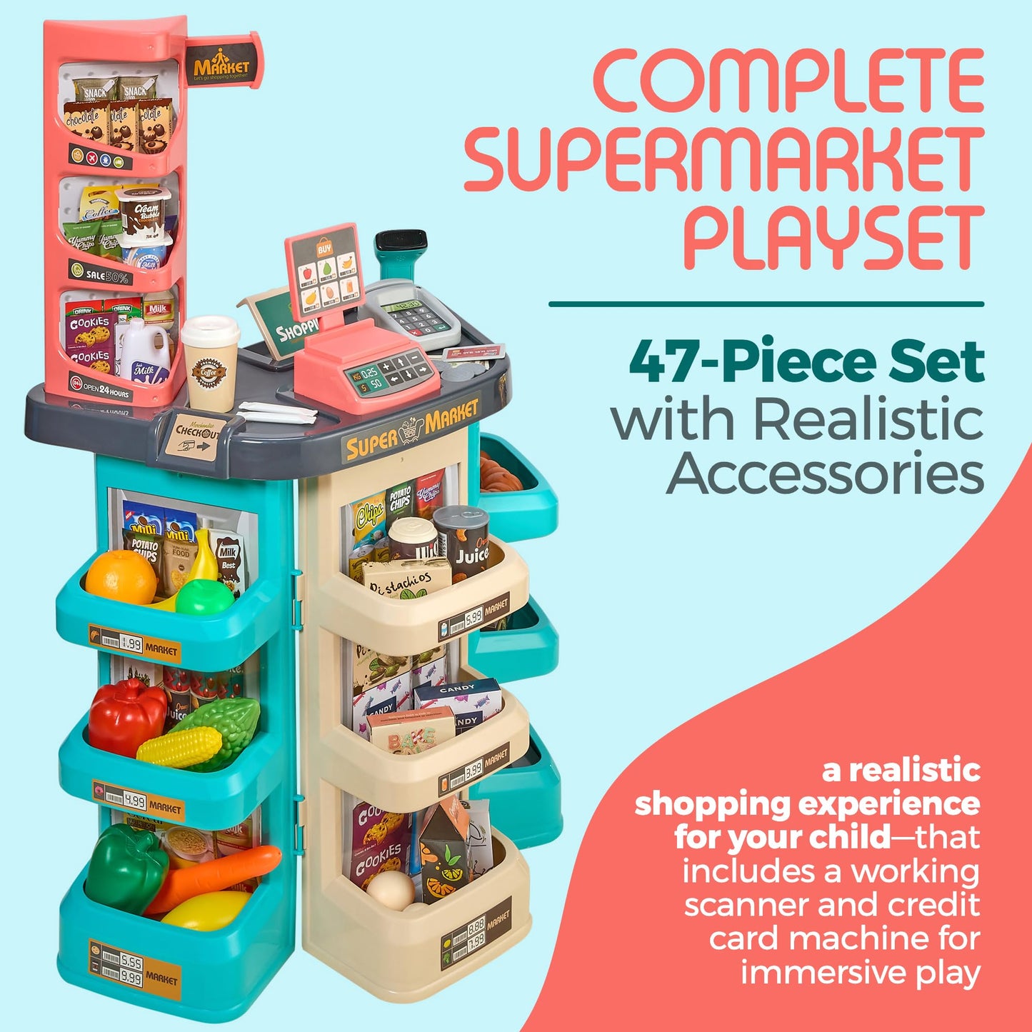 MEDca Kids Play Supermarket Set with Scanner - Pretend Play Grocery Shop Set - 47 Piece Complete Playset with Cash Register Credit Card Machine Scanner Shop Trolley and Food Gift for Boys and Girls