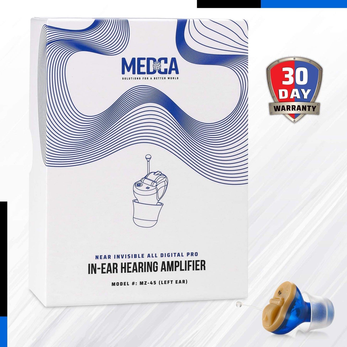 Premium Digital Hearing Amplifier - Invisible in Canal (CIC) In-Ear Mini Sound Enhancer, Near-Invisible, Noise Cancelling, Personal Sound Hearing Amplifier - Left Ear, Blue - MZ-45