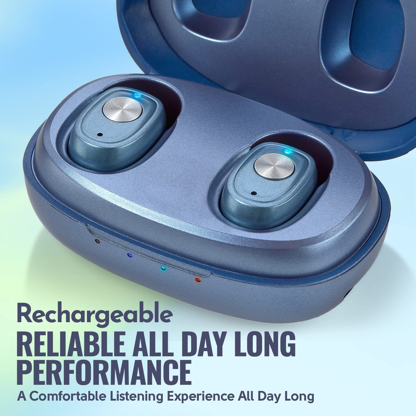 Rechargeable Hearing Amplifier Pair w/ Noise Cancelling, Digital Sound Device for Seniors & Adults - ITC Nano Personal Amplifier - One Touch Control & Low Sound Distortion Hearing Assist Device, Blue