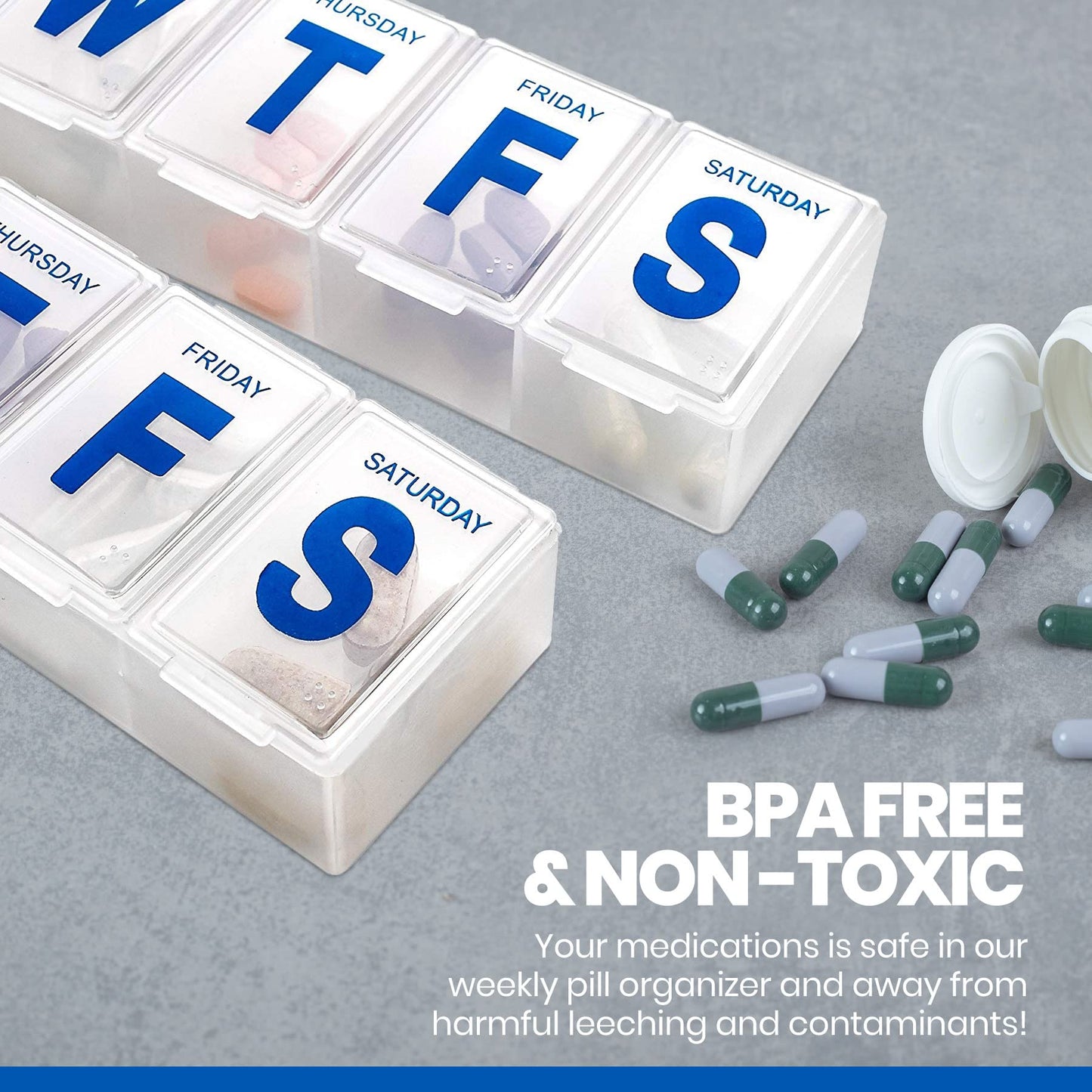 Weekly Pill Organizer - (Pack of 2) Extra Large Vitamin Container with Jumbo Easy to Read Letters, BPA Free - Daily Travel 7 Day Medication Pill Box Case