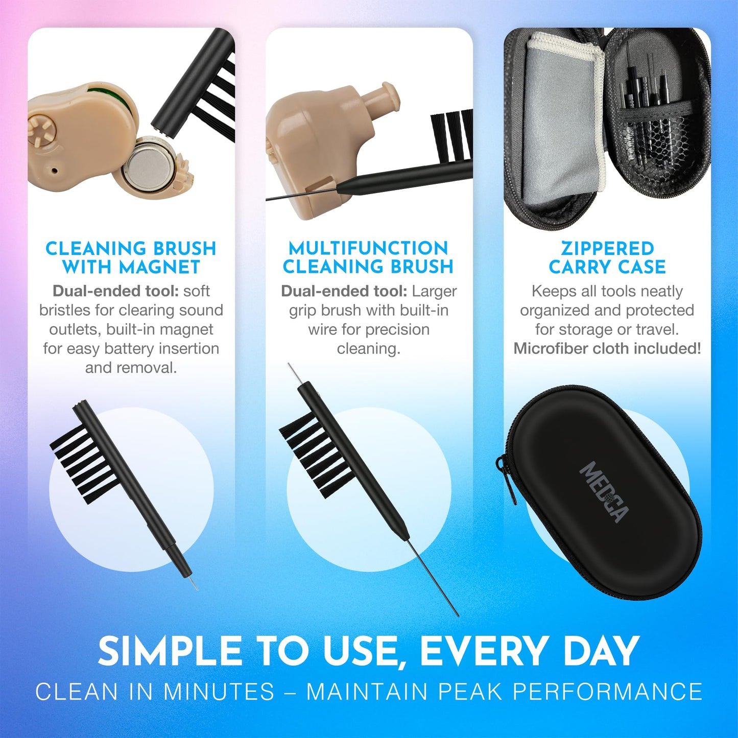 Hearing Aid Cleaning Kit - 20 Piece Tool Set with Case, 10 Hearing Aid Cleaner Wipes, and Magnifying Glass for Hearing Aids, Earbuds, Headphones, Ear Molds, Amplifiers & Small Electronics