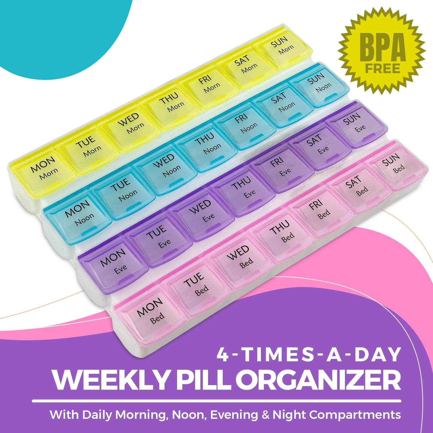Weekly Pill Organizer - 4-Times-a-Day Pill Planner Pill Box Separates Pills & Vitamins with Daily Morning, Noon, Evening & Night Compartments, Travel Medication Reminder Monday to Sunday