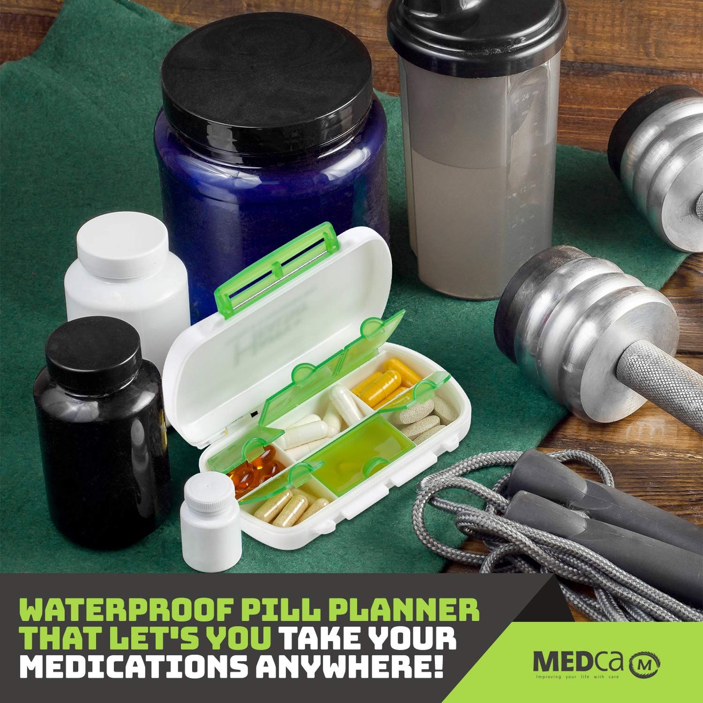 Pill Boxes- Pack of 2 Waterproof Medicine Pill Holder Cases, BPA-Free Daily Tablet Holder Storage Organizer Dispenser for Medications, Supplements, & Vitamins, Ideal for Travel by MEDca