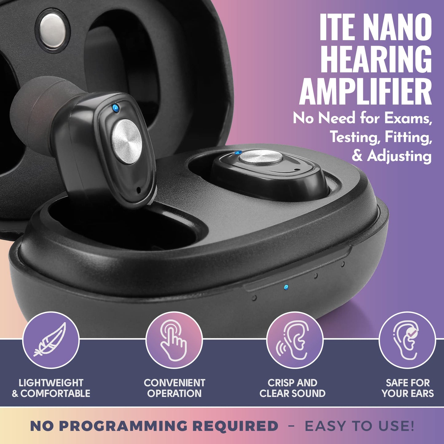 Rechargeable Hearing Amplifier Pair w/ Noise Cancelling, Digital Sound Device for Seniors & Adults - ITC Nano Personal Amplifier - One Touch Control & Low Sound Distortion Hearing Assist Device, Black