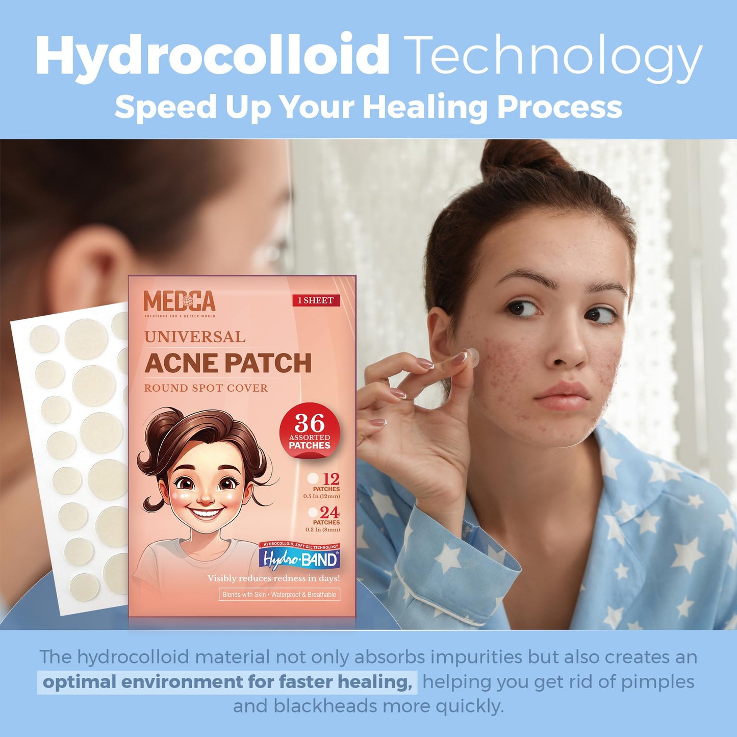 MEDca Acne Patches for Face - Hydrocolloid Bandages (36 Count) Pimple Patches for Face in 2 Universal Sizes, Acne Spot Treatment Care for Face & Skin Spot Patch Conceals Zits, Acne and Blackheads