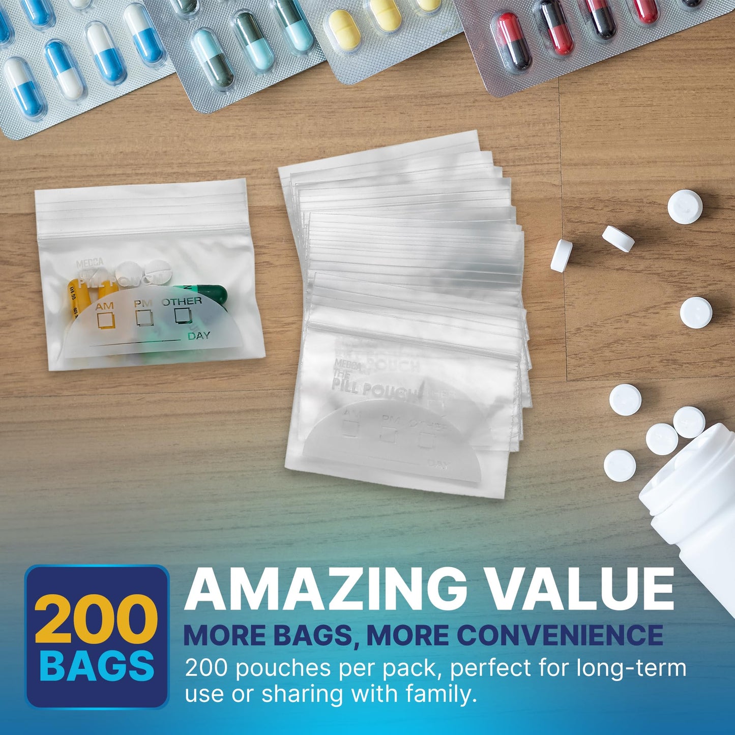 Pill Pouch Bags - (Pack of 200) 3" x 2.75" - BPA FREE, Poly Bag Disposable Zipper Pills Baggies, Daily AM PM Travel Medicine Organizer Storage Pouches, Best Clear Reusable with Write-on Labels