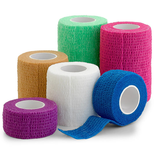 Self Adherent Cohesive Tape - (6 Count) 1" 2" 3" x 5 Yards Combo Pack, Self Adhesive Bandage Rolls & Sports Athletic Wrap for Ankle, Wrist, Sprains and Swelling, Vet Wraps in Neon Colors