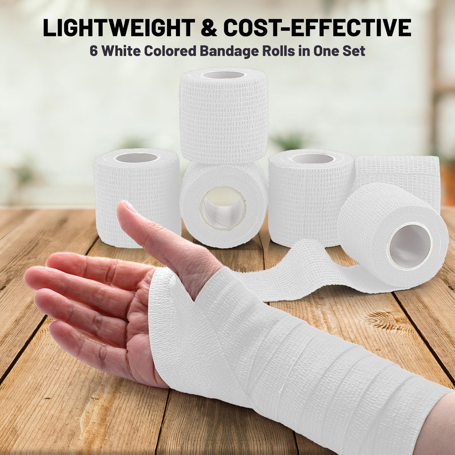 6 Pack, Self Adherent Cohesive Tape - 2” x 5 Yards, Self Adhesive Bandage Rolls & Sports Athletic Wrap for Ankle, Wrist, Knee Sprains and Swelling, Vet Wraps in White Color