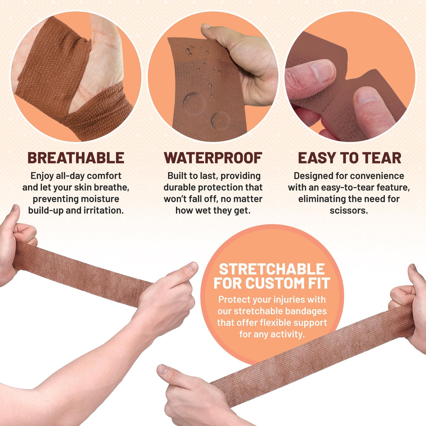 Self Adherent Cohesive Tape - 2" x 5 Yards, 12 Pack (Medium Tan) Self Adhesive Bandage Rolls & Sports Athletic Wrap for Ankle, Wrist, Knee Sprains and Swelling