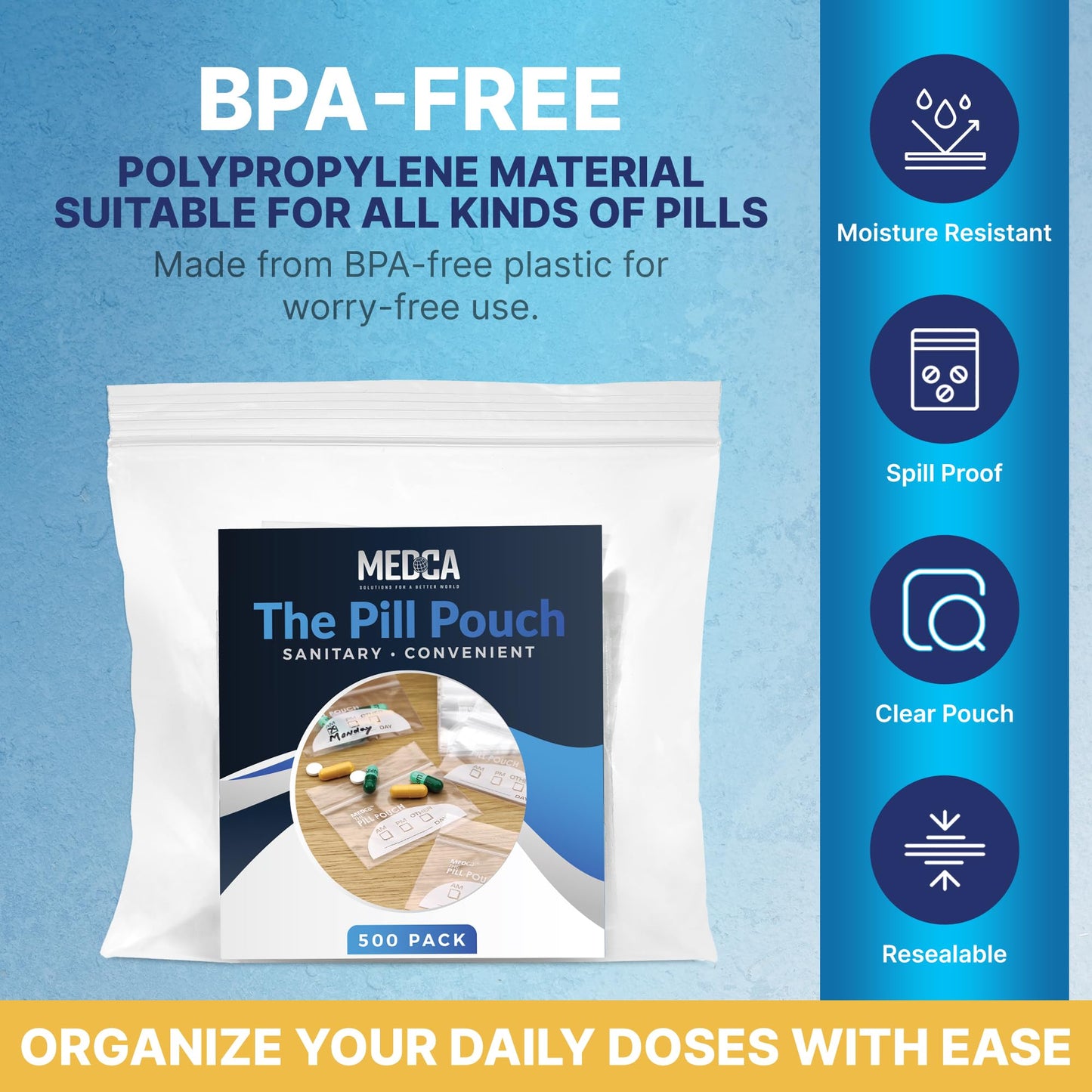 Pill Pouch Bags - (Pack of 500) 3" x 2.75" - BPA Free, Poly Bag Disposable Zipper Pills Baggies, Daily AM PM Travel Medicine Organizer Storage Pouches, Best Clear Reusable with Write-on Labels