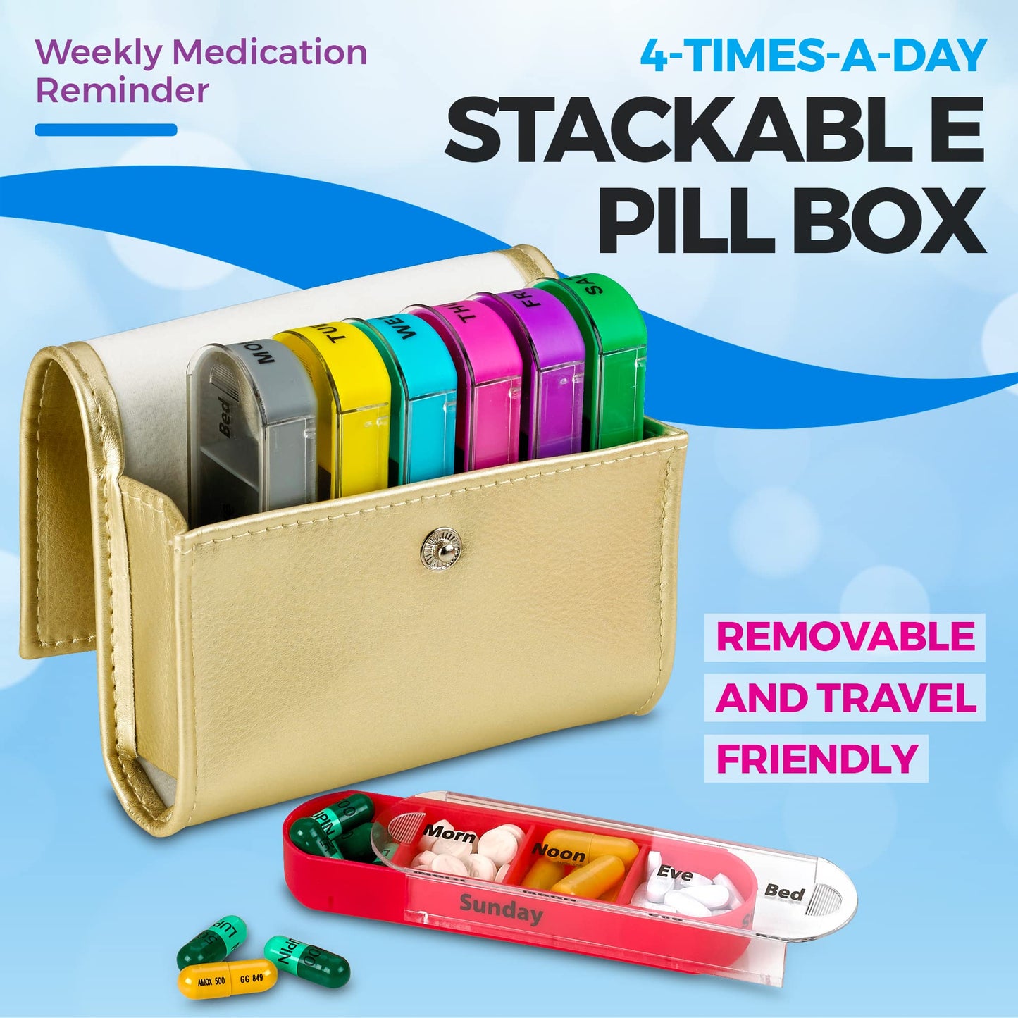 Weekly Travel Pill Organizer - (Pack of 2) Medication Wallet Pill Box Reminders, Pill Container Dispenser Case, Vitamin Caddy Organizer, for 4 Times A Day, 7 Days a Week