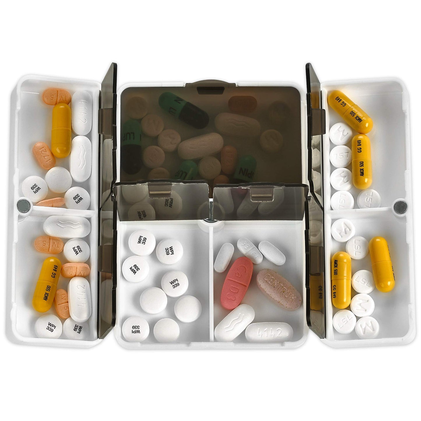 Magnetic Foldable Pill Box Case - 7 Day Weekly Medicine Organizer - Portable Compact Lightweight Pill Container with 7 Compartments, Dustproof, Air-Tight, BPA Free for Pills Vitamins and Supplements