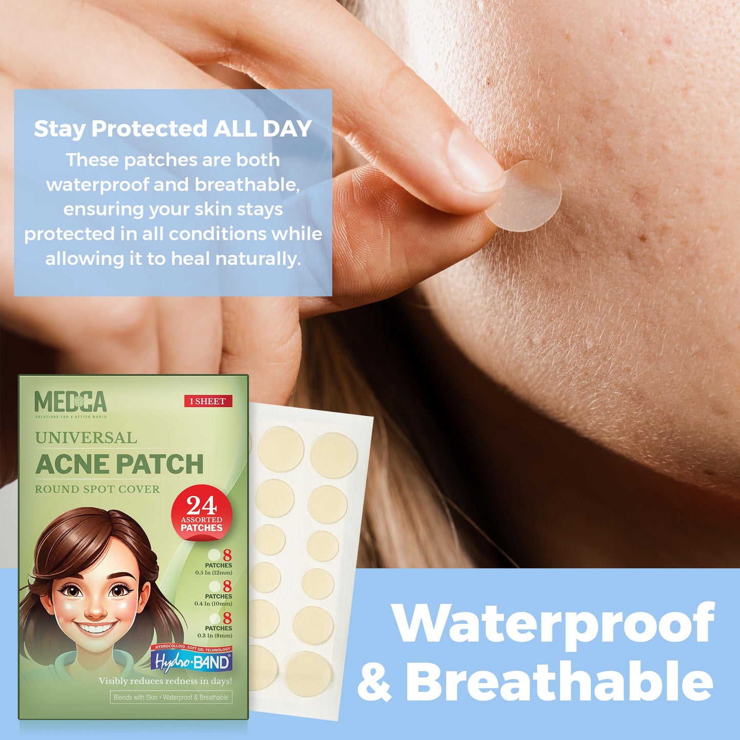Acne Patches for Face - Hydrocolloid Bandages (24 Count) Pimple Patches for Face in 3 Universal Sizes, Acne Spot Treatment Care for Face & Skin Spot Patch Conceals Zits, Acne and Blackheads